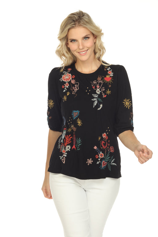 Johnny Was JWLA Style J10422 Black Ruth Embroidered Puff Sleeve Tee Boho Chic