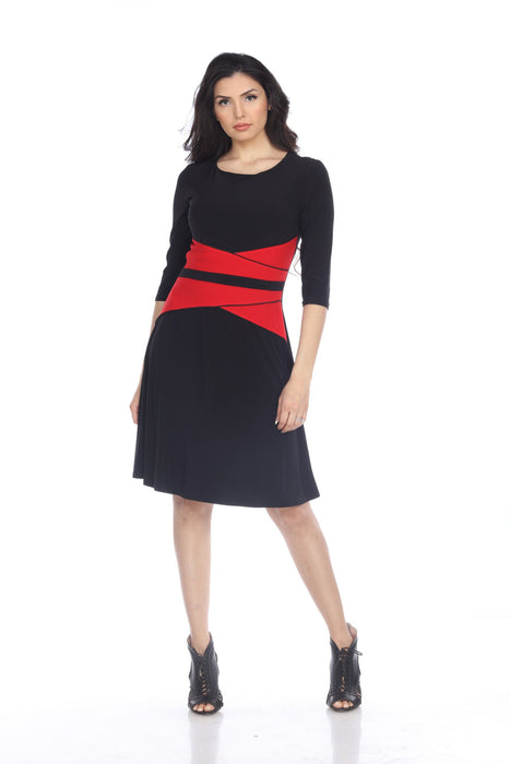 Joseph Ribkoff Style 203576 Black/Lipstick Red Waist Striped Band FIt-And-Flare Dress