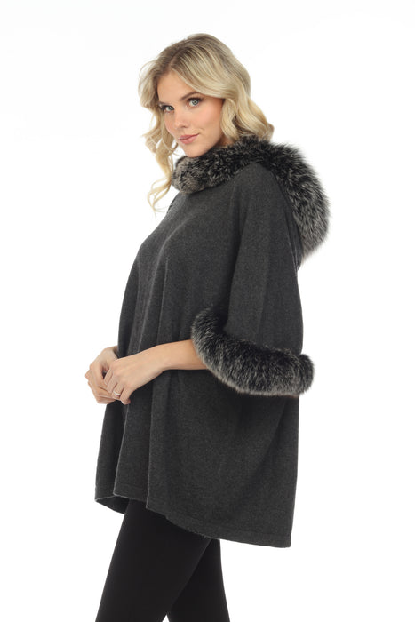 Alashan Luxe 100% Cashmere Let It Snow Fox Trim Hooded Poncho LX3001