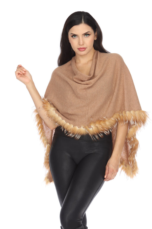 Alashan Luxe Style LXF9317 Camel 100% Cashmere Flutter Fox Trim Topper Poncho