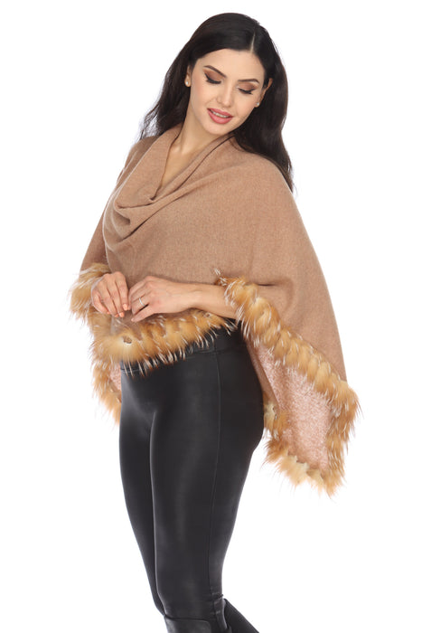 Alashan Luxe 100% Cashmere Flutter Fox Trim Topper Poncho LXF9317