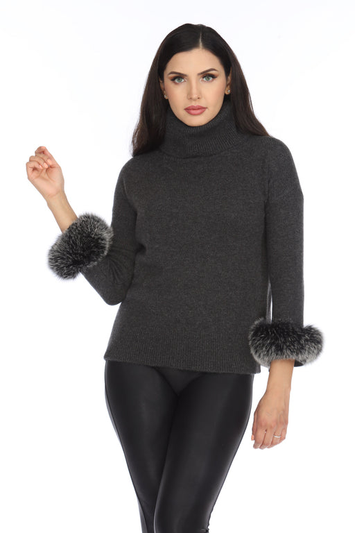 Alashan Luxe Style LX2003 Charcoal 100% Cashmere Quebec Fox Cuff Turtleneck Sweater