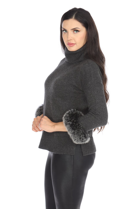 Alashan Luxe 100% Cashmere Quebec Fox Cuff Turtleneck Sweater LX2003