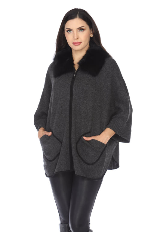 Alashan Luxe Style LX1002 Charcoal/Ebony 100% Cashmere Fox Collar Zip Poncho