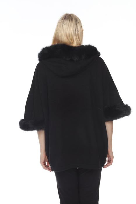 Alashan Luxe 100% Cashmere Let It Snow Fox Trim Hooded Poncho LX3001