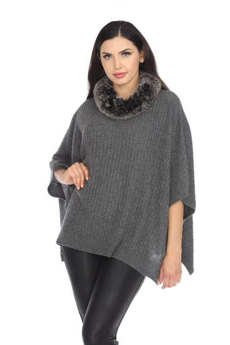 Alashan Luxe Style LX3004 Graphite 100% Cashmere Coco Rib Fox Trim Poncho