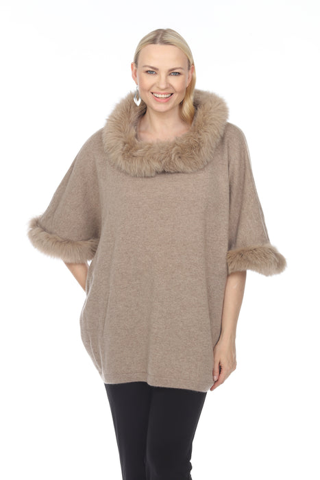 Alashan Luxe Style LX3001 Natural 100% Cashmere Let It Snow Fox Trim Hooded Poncho