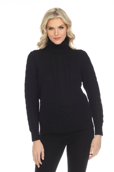 Alison Sheri Style A40020 Black Turtleneck Long Sleeve Cable-Knit Cotton Sweater Top