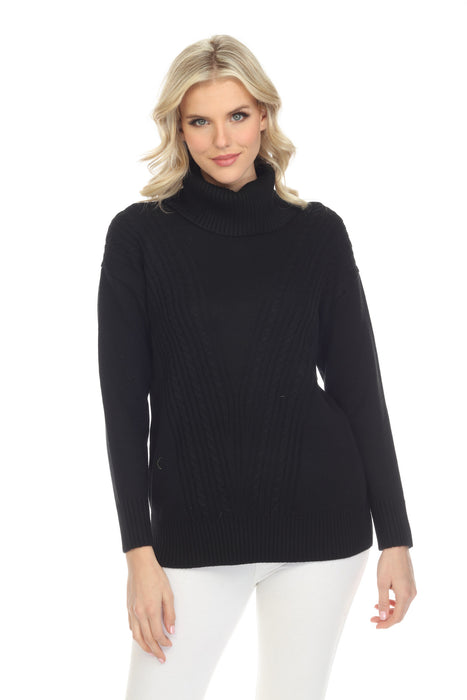 Alison Sheri Style A40128 Black Turtleneck Long Sleeve Cable-Knit Sweater Top