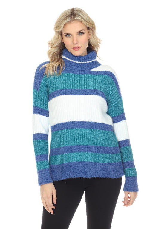 Alison Sheri Style A40155 Blue Combo Sweater Turtleneck Long Sleeve Sweater Top