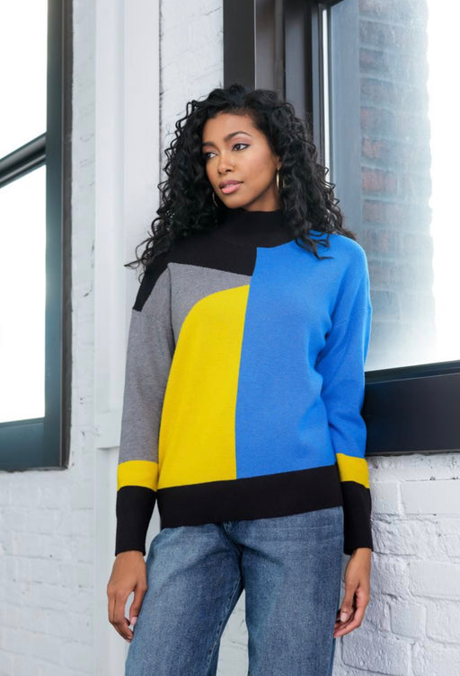 Alison Sheri Style A40030 Blue/Yellow/Multi Color Block Turtleneck Knit Sweater Top