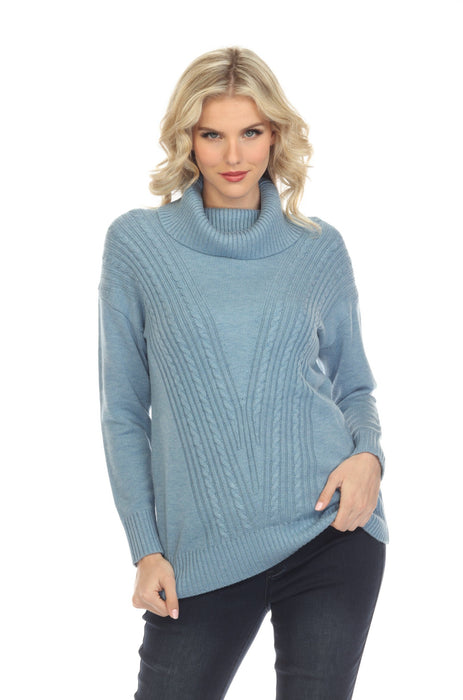 Alison Sheri Style A40128 Denim Blue Turtleneck Long Sleeve Cable-Knit Sweater Top