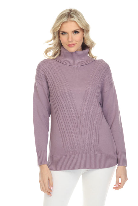 Alison Sheri Style A40128 Lavender Turtleneck Long Sleeve Cable-Knit Sweater Top