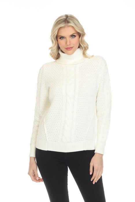Alison Sheri Style A40020 Off-White Turtleneck Long Sleeve Cable-Knit Cotton Sweater Top