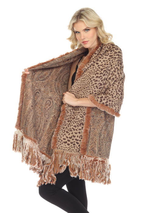 Belle Fare Brown Combo Reversible 100% Cashmere With Real Rex Rabbit Fur Shawl MS25R