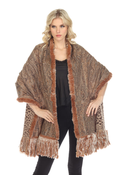 Belle Fare Brown Combo Reversible 100% Cashmere With Real Rex Rabbit Fur Shawl MS25R