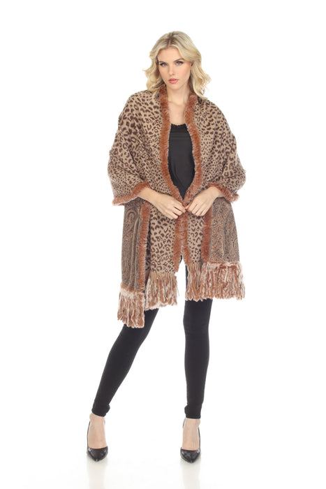 Belle Fare Brown Combo Reversible 100% Cashmere With Real Rex Rabbit Fur Shawl MS-001