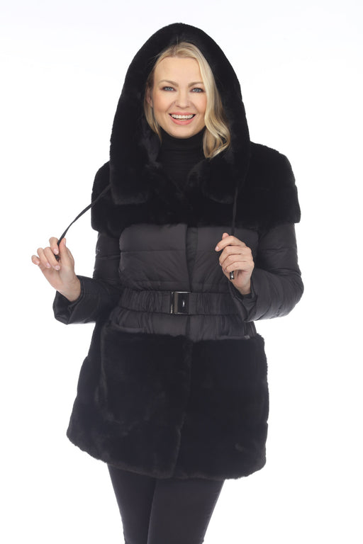 Belle Flare Style FX210 Premium Black Faux Fur Belted Hooded Down Coat