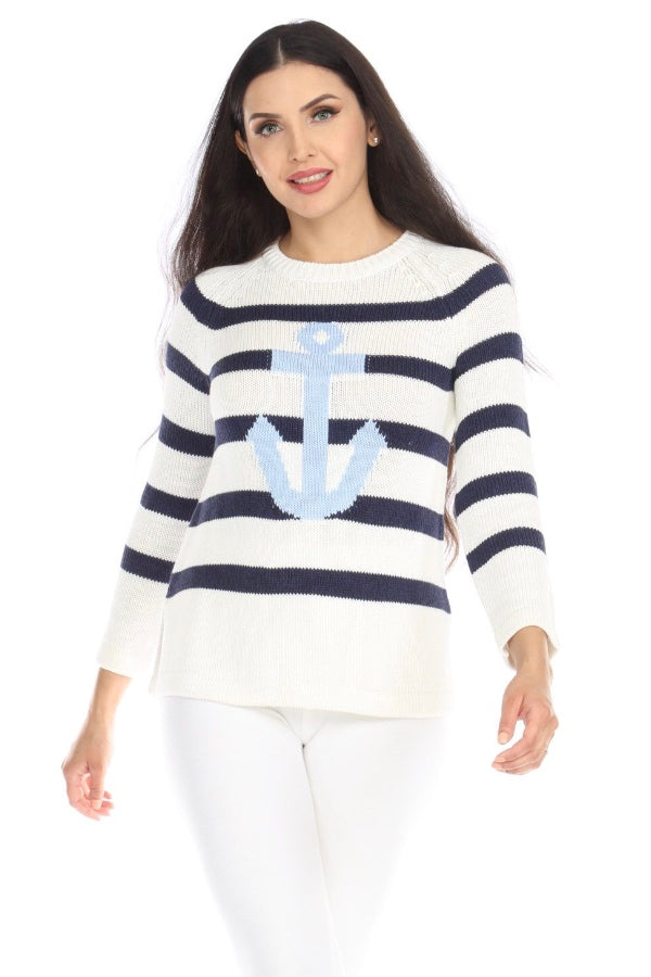 Caroline Grace by Alashan White Anchors Aweigh Stripe Cotton Cashmere —  AfterRetail