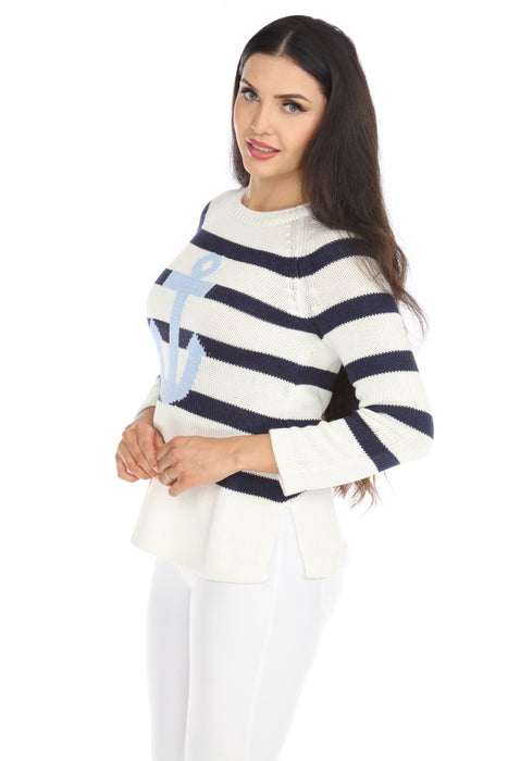 Caroline Grace by Alashan White Anchors Aweigh Stripe Cotton Cashmere Pullover Sweater LC2093