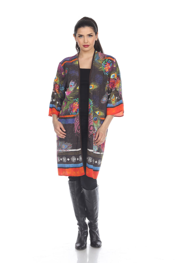 Citron Style CIT004 Multi Peacock Feather Open Front 3/4 Sleeve Kimono Cover-Up