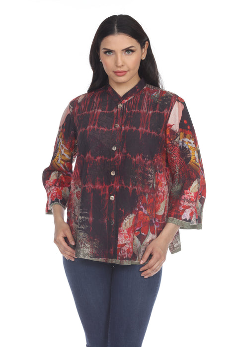 Citron Style CIT010 Red/Multi Printed 3/4 Sleeve Button-Down Mandarin Collar Top