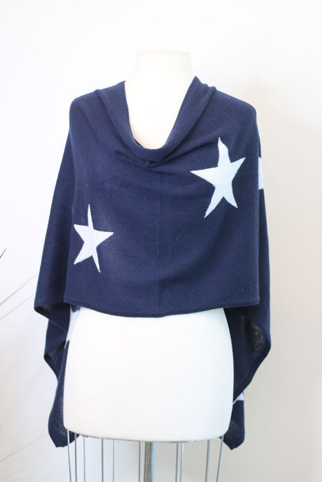 Claudia Nichole by Alashan Style LS0373 Navy/White 100% Cashmere Star Intarsia Topper Poncho