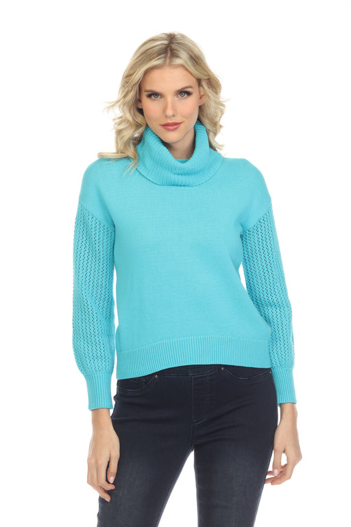 Elena Wang Style EW29005 Aqua Blue Cowl Neck Knit Sweater Top