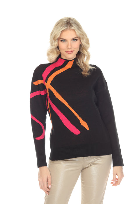 Elena Wang Style EW29003 Black/Fuchsia/Orange Line Print Sweater Top