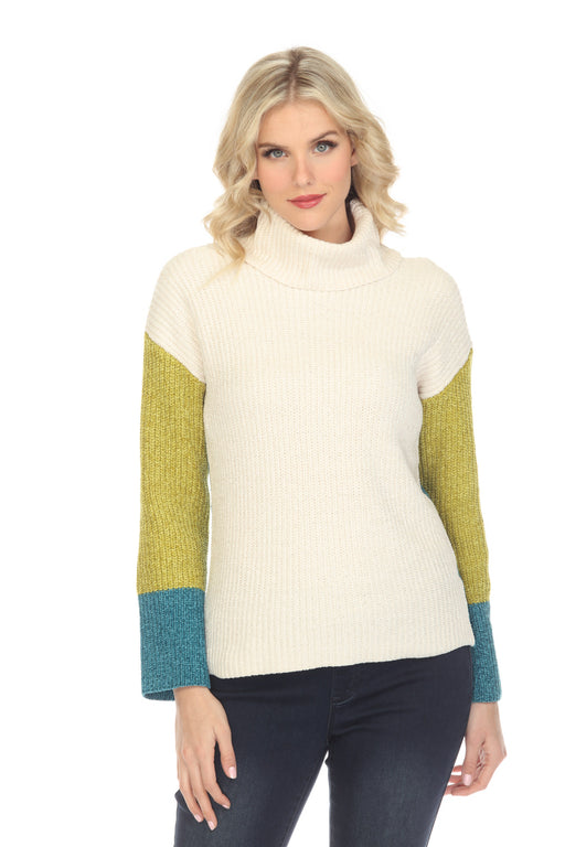 Elena Wang Style EW29026B Ivory/Green Combo Color Block Knitted Sweater Top