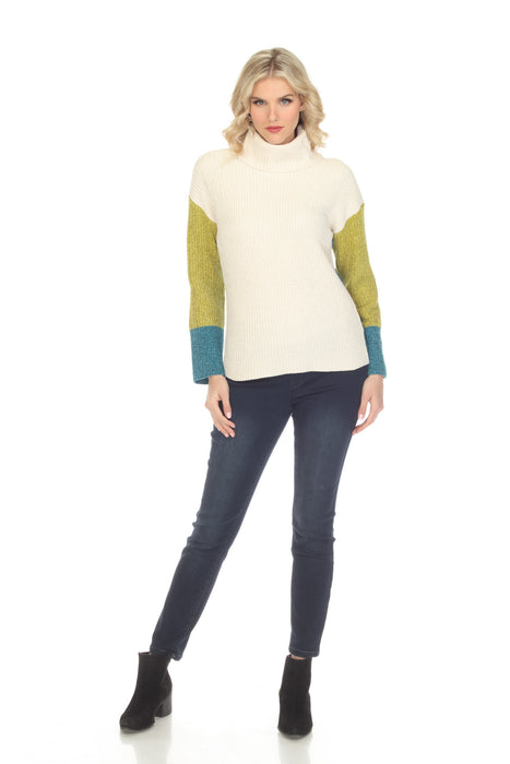 Elena Wang Ivory/Green Combo Color Block Knitted Sweater Top EW29026B NEW