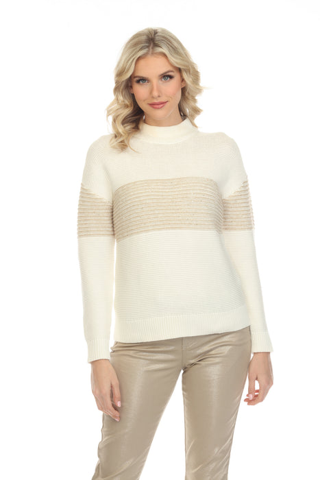 Elena Wang Style EW29018 Off-White/Gold Color Block Knitted Sweater Top