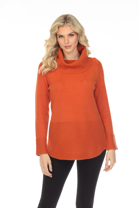 Elena Wang Style EW29063 Pumpkin Orange Cowl Neck Knitted Long Sleeve Sweater Top