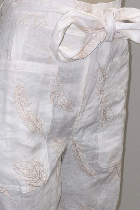 Jade by Johnny Was Style L64421 White Leaves Linen Embroidered Belted Tapered Pants Boho Chic