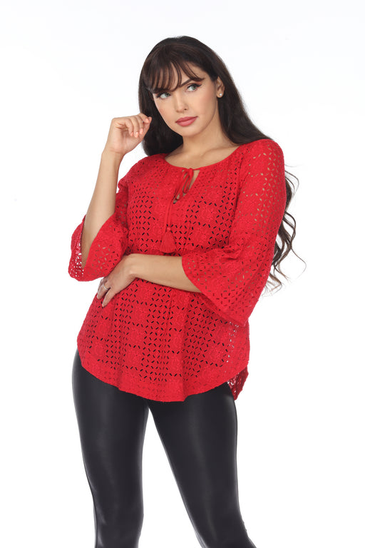 Jade by Johnny Was Style L18621 Fiery Red Timbra Eyelet Lace Up Blouse Boho Chic