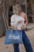 Jijou Capri Denim Amour Embroidered Leather Double Handle Canvas Tote Bag NEW