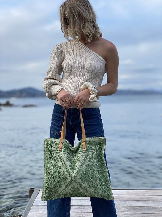 Jijou Capri Leather Double Handle Tricot Canvas Tote Bag