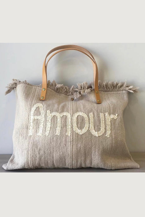 Embroidered Grey Canvas Tote Bag With Rope Handles