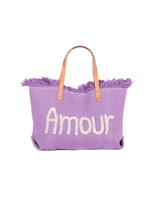 Jijou Capri Lilac Amour Embroidered Leather Double Handle Canvas Tote Bag NEW