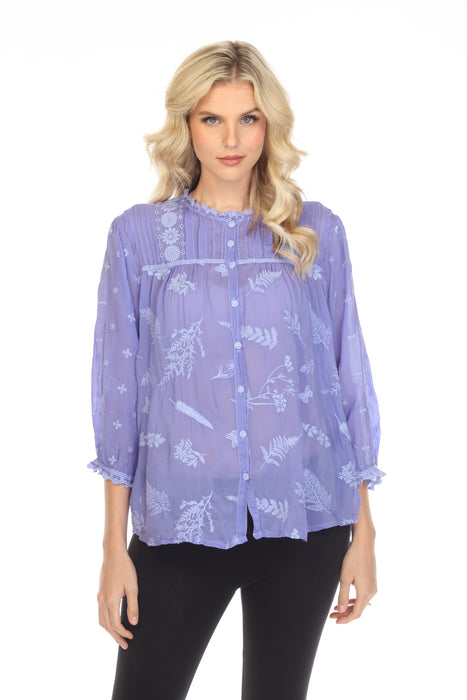 Johnny Was Style C13522 Baja Blue Fern Lilly Embroidered Blouse Boho Chic