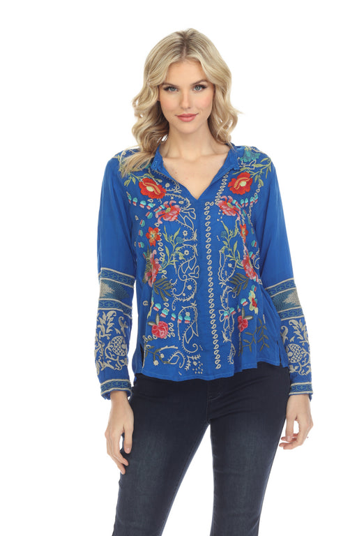 Johnny Was Style C17722-E Blue Tamarind Embroidered Long Sleeve Blouse Boho Chic