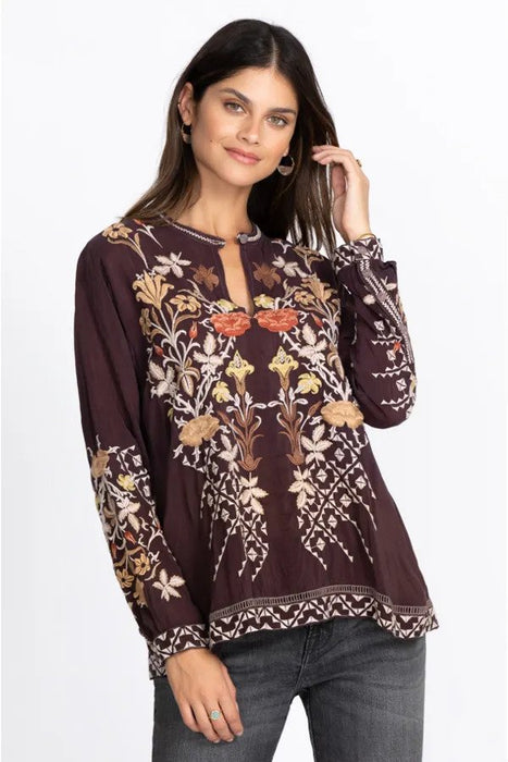 Johnny Was Style C16622 Brown Frankie Embroidered Long Sleeve Blouse Boho Chic
