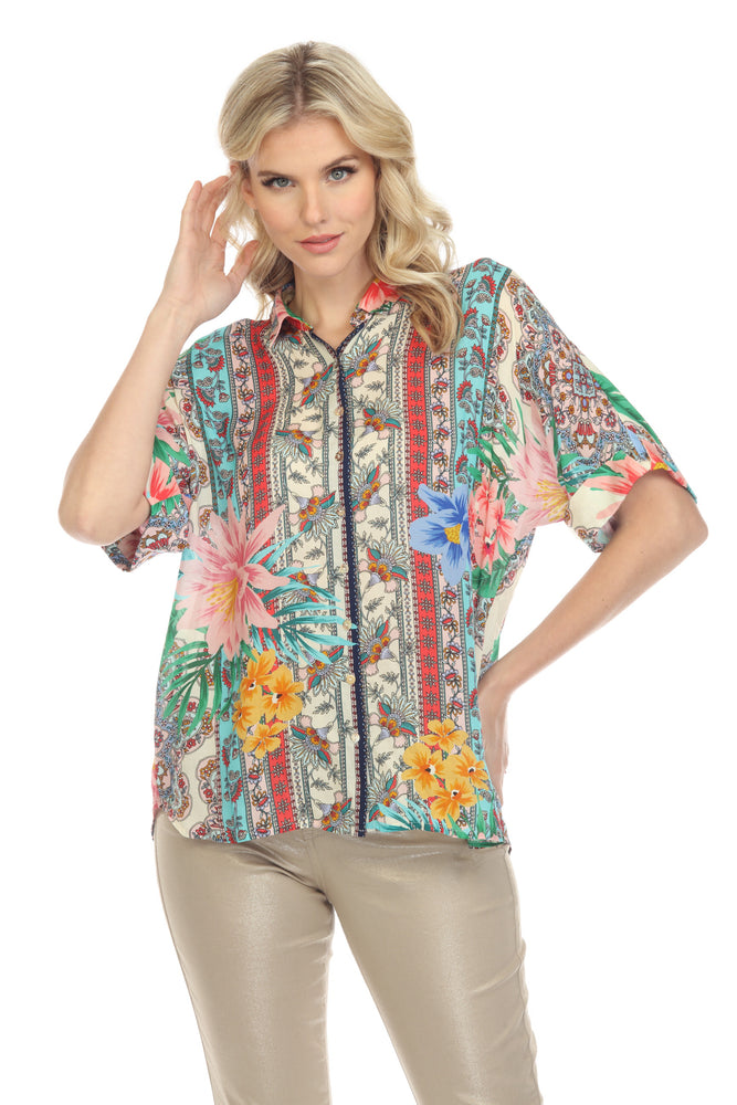 Johnny Was Jade Style L14322 Clover Button-Down Short Sleeve Shirt Boho Chic
