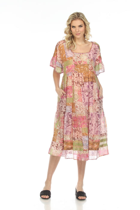 Johnny Was Jade Style L35922 Macy Floral Patchwork Tiered Midi Dress Chic