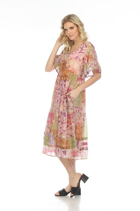 Johnny Was Jade Macy Floral Patchwork Tiered Midi Dress Chic L35922