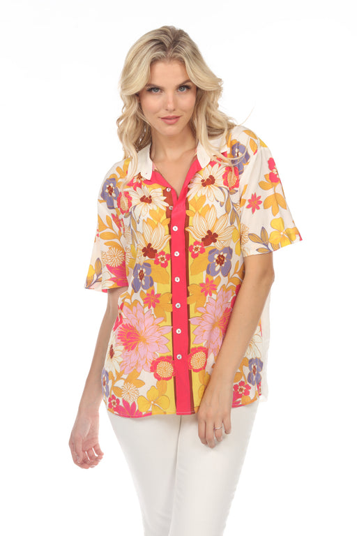 Johnny Was Jade Style L12422 Penny Silk Floral Short Sleeve Button-Down Shirt Chic