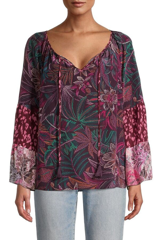 Johnny Was Jade Style L12220 Toledo Tiered Sleeve Silk Printed Blouse Boho Chic