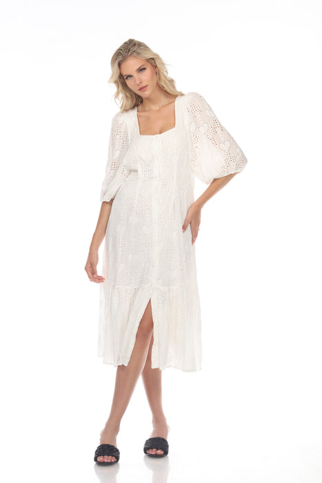 Johnny Was Jade Style L31122 White Beau Eyelet Button-Down Tiered Midi Dress Boho Chic