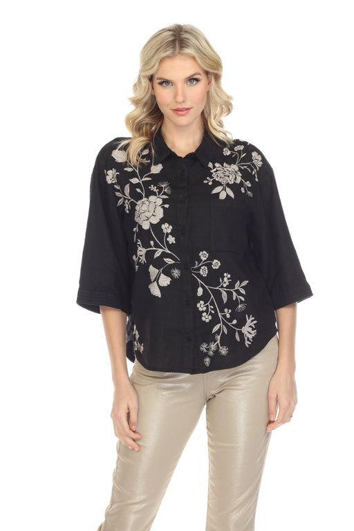 Johnny Was JWLA Style J15722 Black Lael Boxy Linen Embroidered Shirt Boho Chic