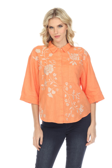 Johnny Was JWLA Style J15722 Orange Lael Boxy Linen Embroidered Shirt Boho Chic